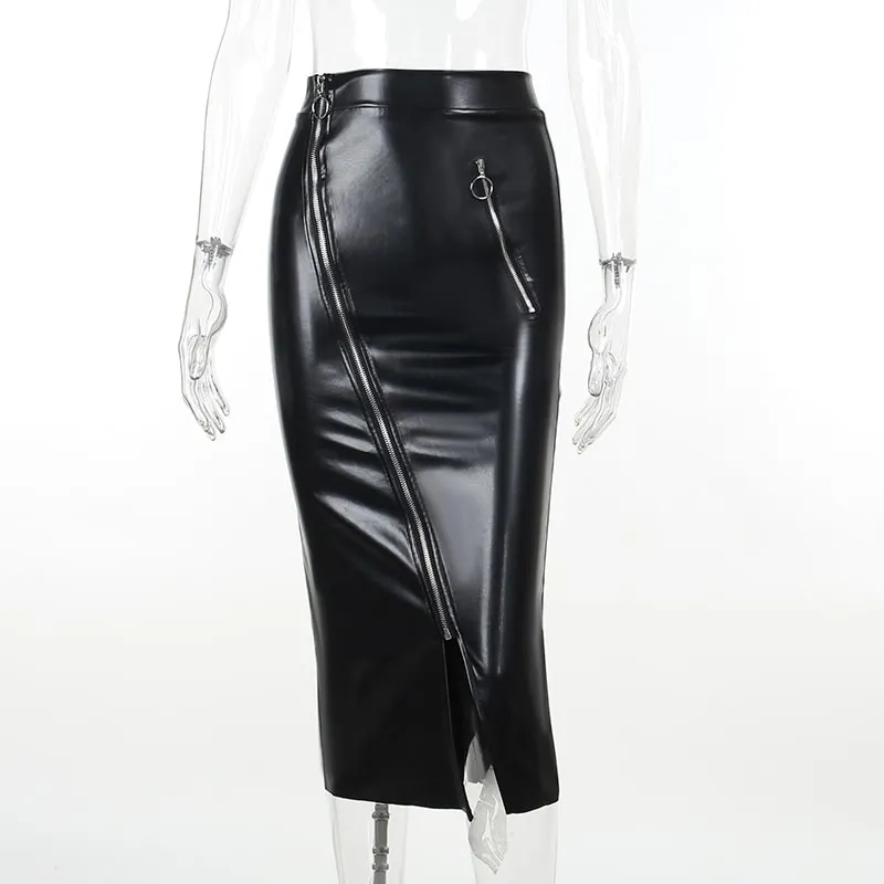 Vegan Leather Zip-up Pencil Skirt