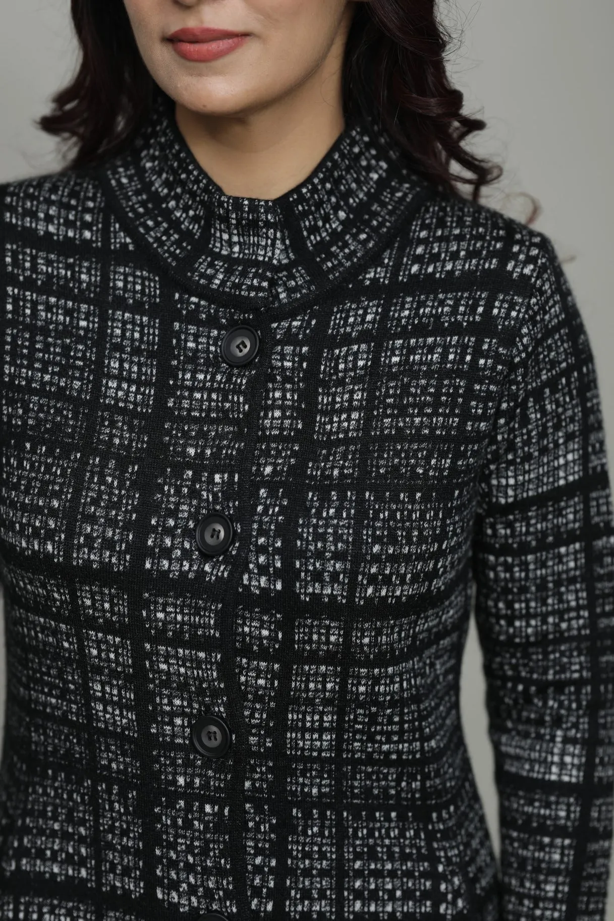 Women Knitted Checkered T-Neck Long Coat