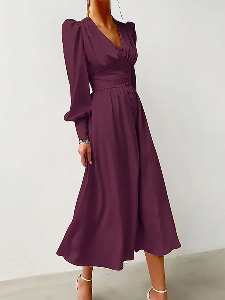 Women's Elegant Single Breasted High Waist Satin Long Dress