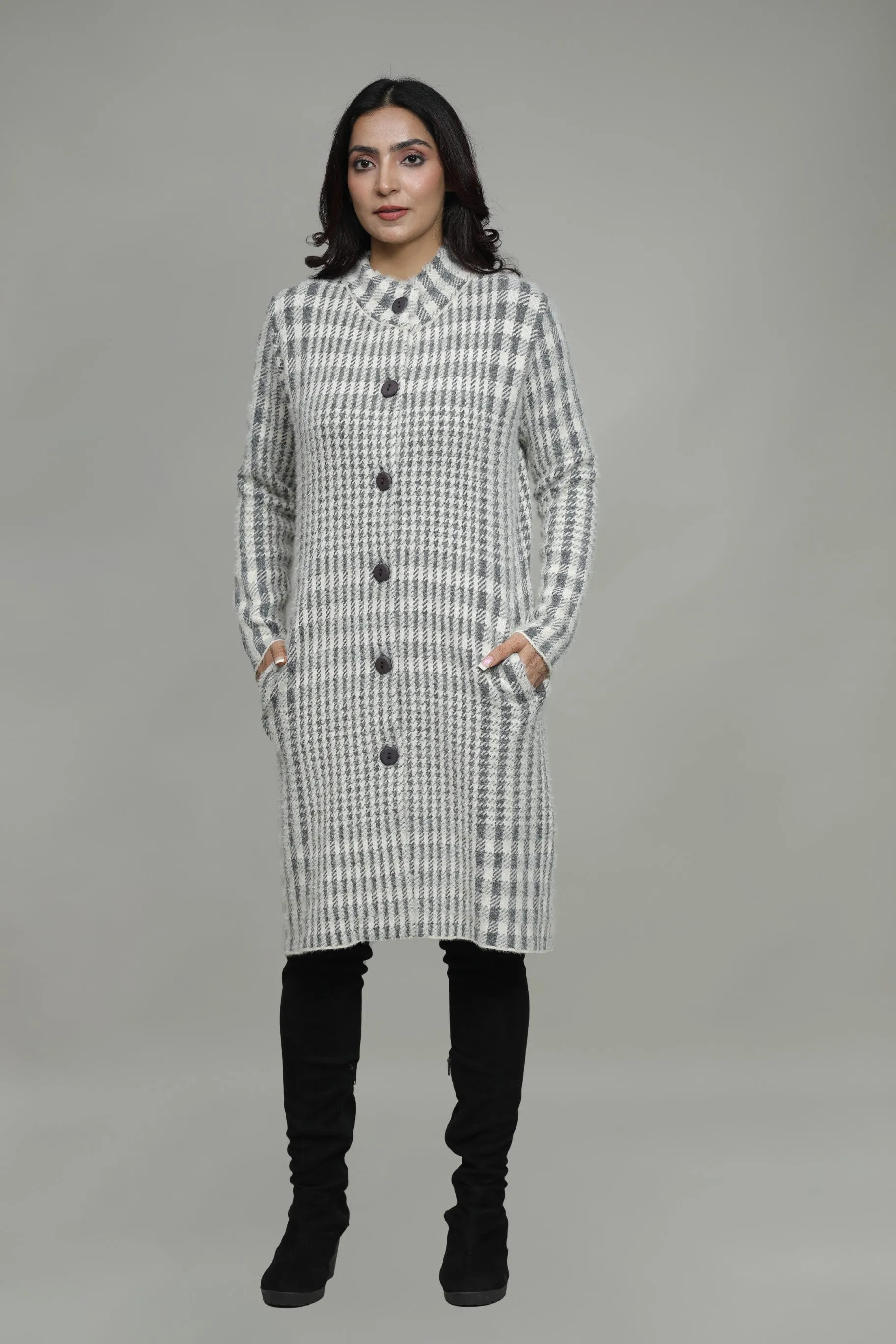 Woolen Checkered  Winter Long Coat For Women